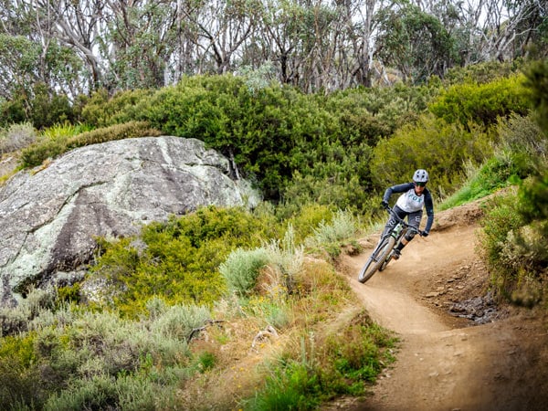 a mountain biker navigating the Thredbo Mountain Bike Park