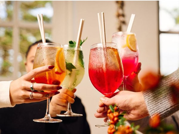 Four people clinking spritzes at Watsons Bay Boutique Hotel.