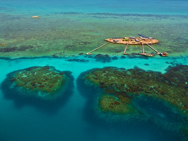 an aerial view of the coral reefs at Abrolhos Islands, west of Geraldton