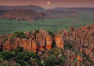 an aerial view of ancient and rugged layers of sandstone in Kakadu