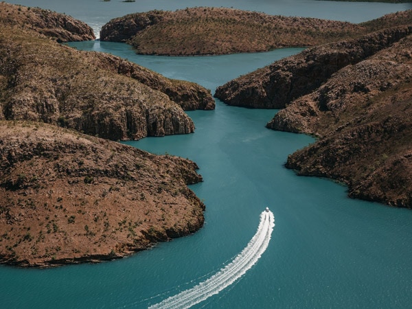 an aerial view of Jetwave Pearl along Horizontal Falls, Talbot Bay