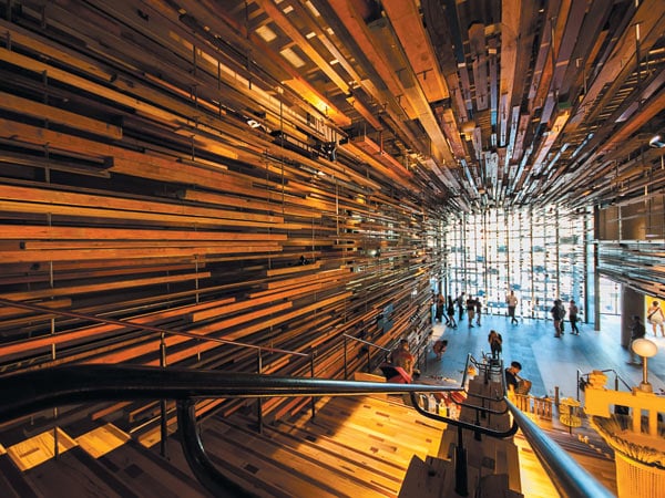 an elegant grand stair at Ovolo Nishi, Canberra