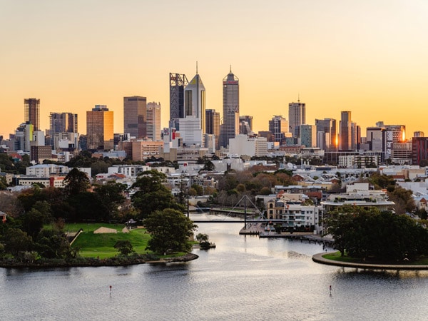 View of Perth skyline at sunset