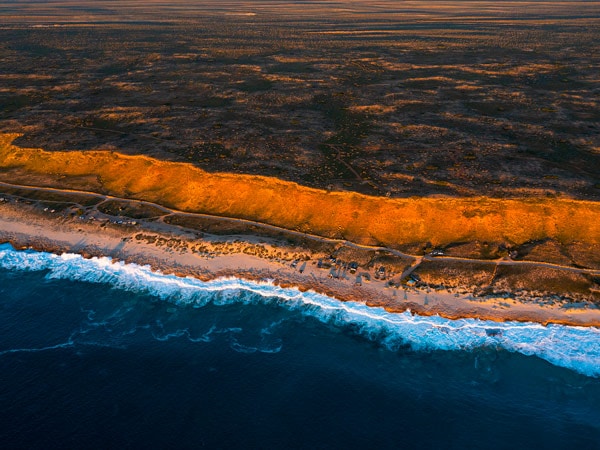 an aerial view of the beach at Red Bluff, Quobba Station north of Carnarvon
