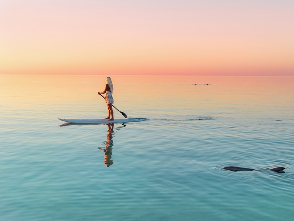 a woman paddling on the calm waters of Shark Bay World Heritage Area, Monkey Mia
