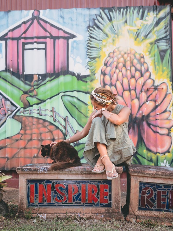 a young woman sitting in front of street art petting a cat in Yungaburra Village