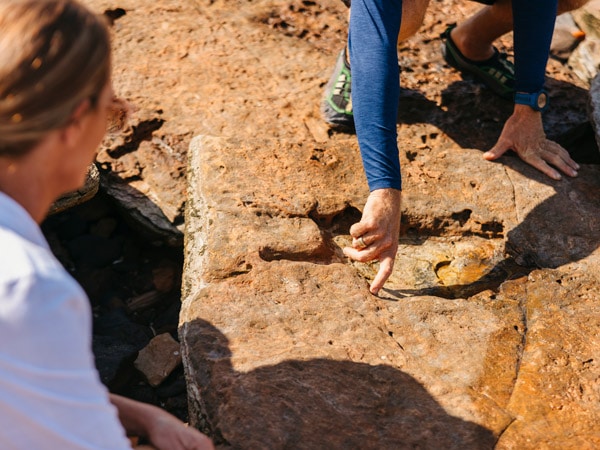 people spotting dinosaur footprints on the beach with Broome Dinosaur Adventure Tours