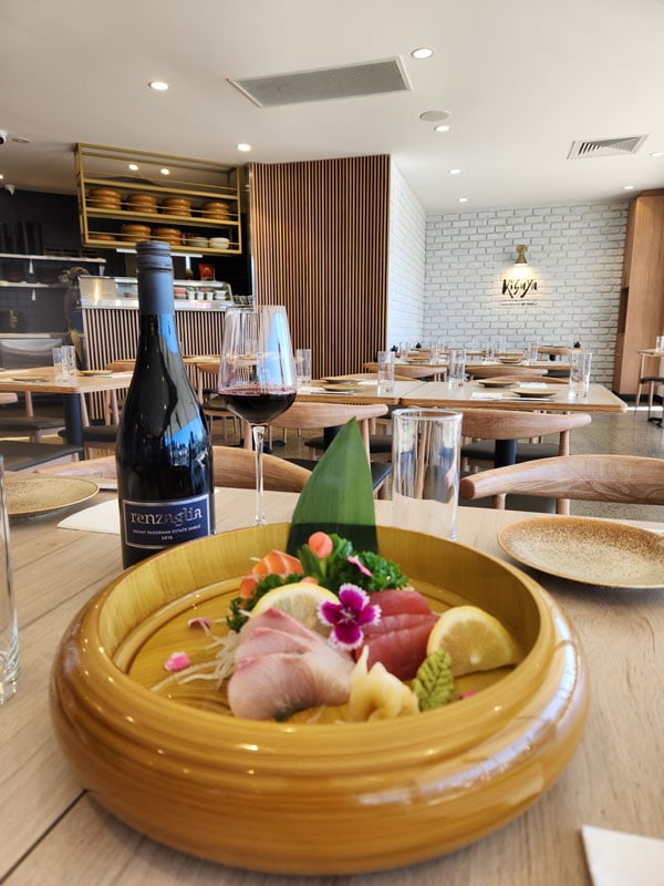 a plate of Japanese food with wine at Kisuya Japanese Restaurant, Bathurst