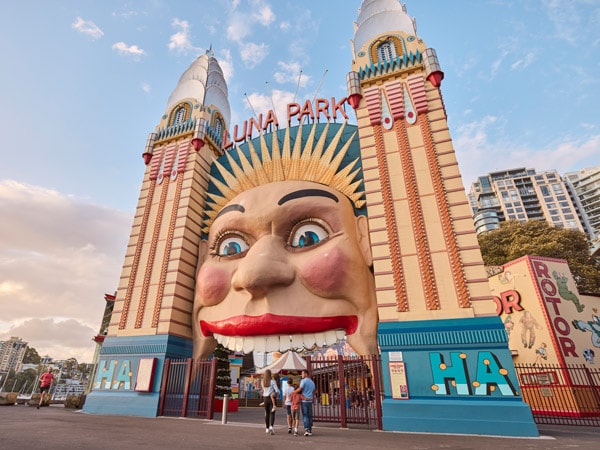 a family entering the Luna Park, NSW