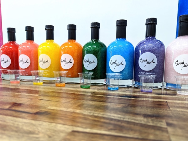 a rainbow selection of gins and vodkas at Small Mouth, Hunter Valley
