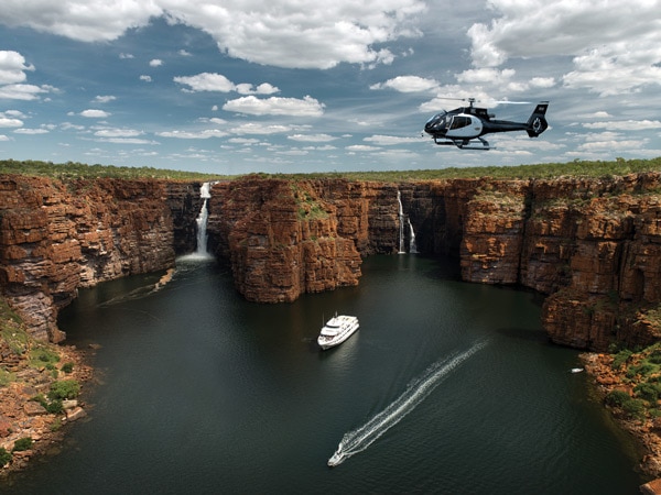 a helicopter and True North cruise ship at Horizontal Falls