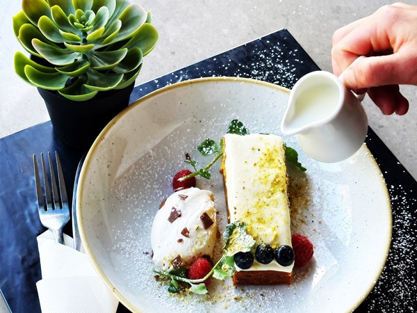 a plate of carrot cake at The George Hotel, Bathurst