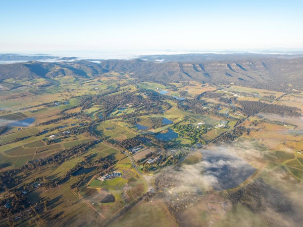 an aerial view of central Pokolbin, Hunter Valley from a hot air balloon