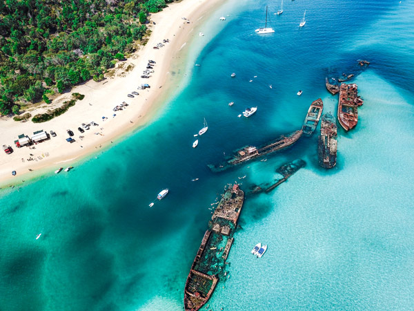 Aerial of Tangalooma wrecks Moreton Island