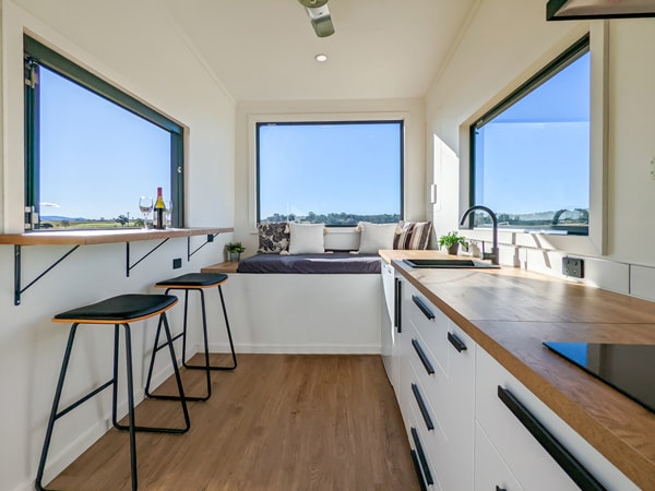 a modern kitchen inside the glamping tent at Broke Estate