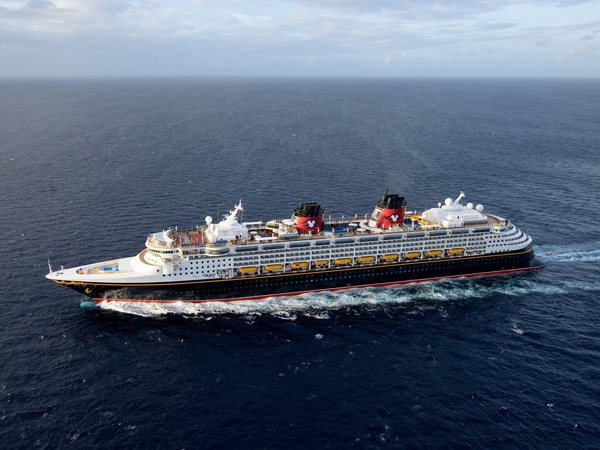 Exterior of Disney Wonder cruise ship at sea