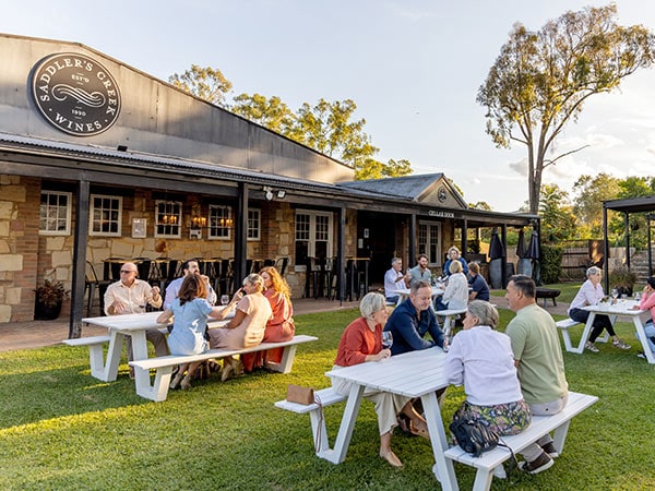 Outdoor premium wine tasting venue in the wine garden at Saddler's Creek Wines