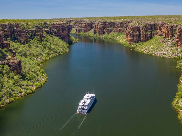 an aerial view of True North cruising along the Kimberley