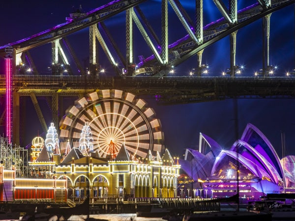 Luna Park Sydney under the Harbour Bridge at night