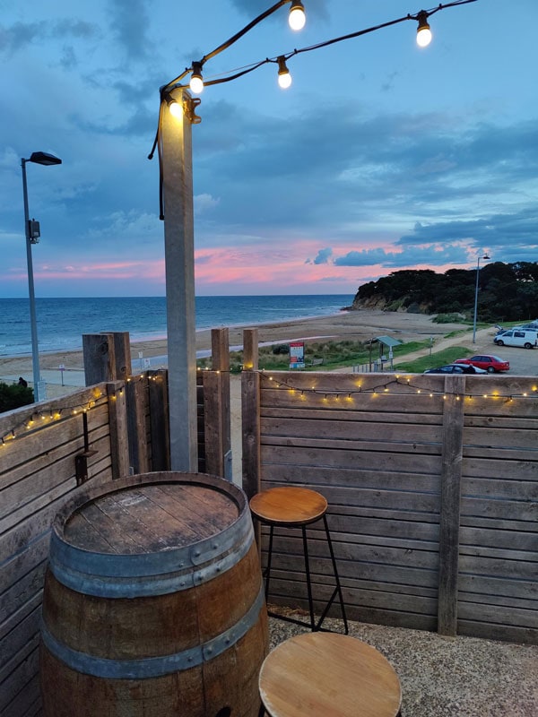 al fresco seating with fairy lights at Bomboras Beach Bar, Torquay, Vic