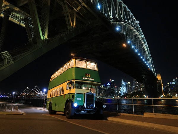 the deckers in the night bus exploring the Sydney Harbour Bridge