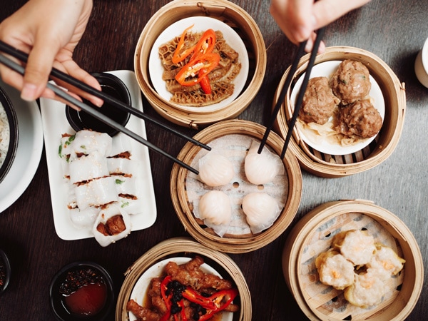 Overhead shot of yum cha on table