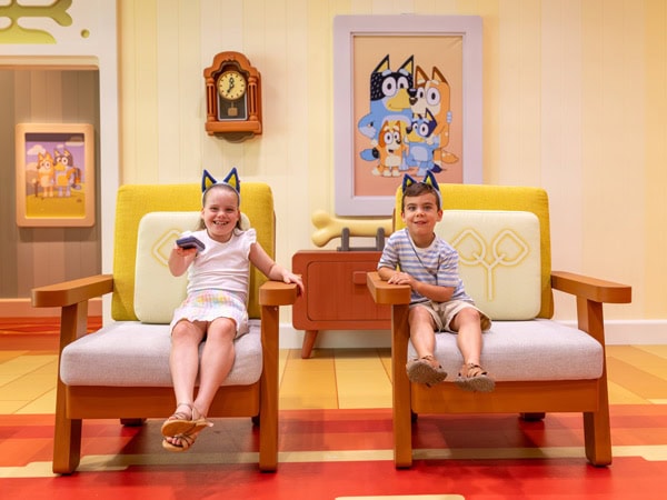 Kids in Bluey's living room at the all new Bluey's World in Brisbane