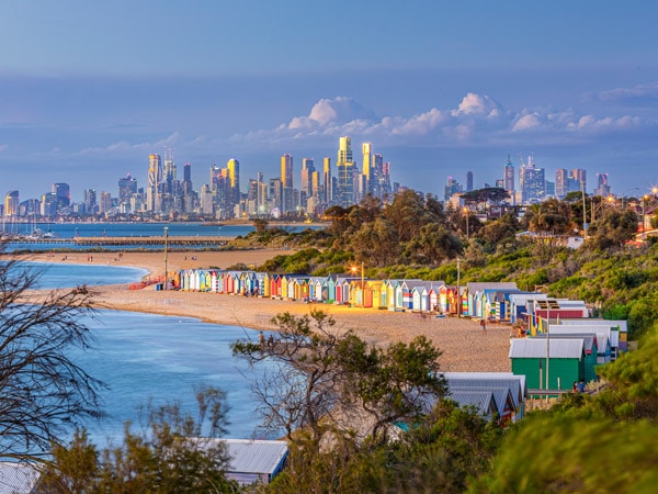 an aerial view of the distant CBD skyline from Brighton Beach