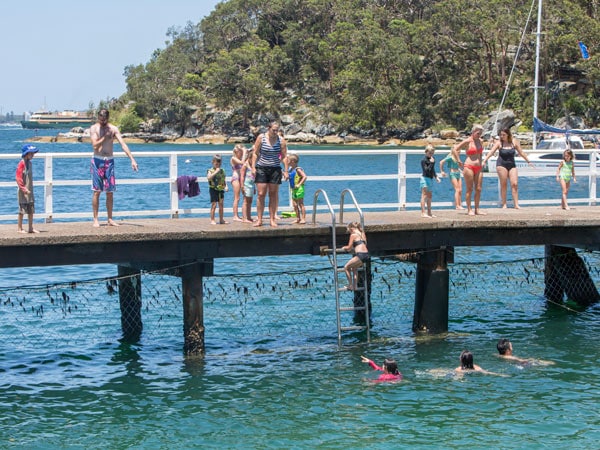 Chowder Bay swimmers jumping off the jetty