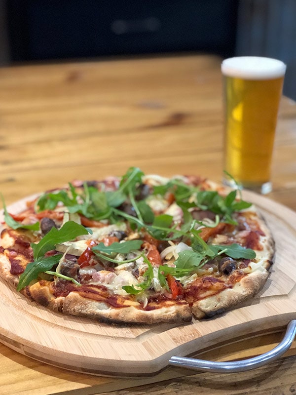 pizza and beer at Deepwater Brewing