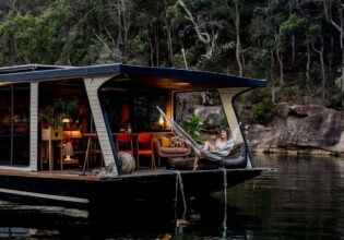 Women in hammock onboard Oh Buoy houseboat on the Hawkesbury