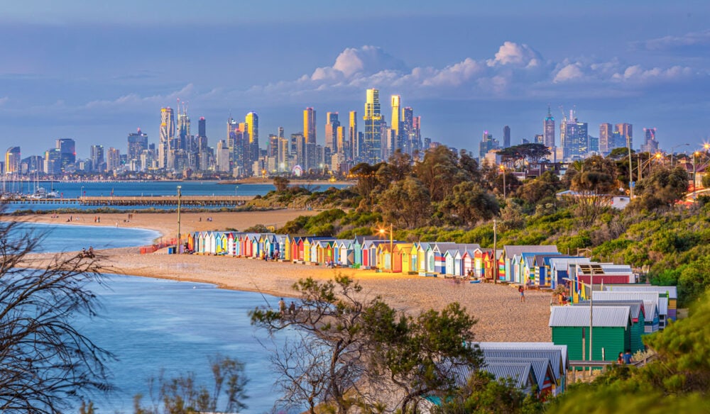 an aerial view of the distant CBD skyline from Brighton Beach