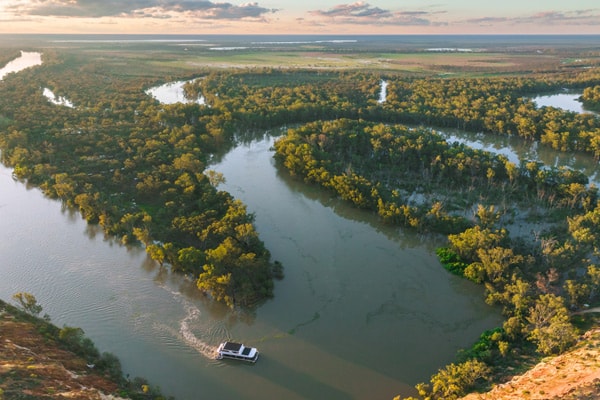 an aerial view of the houseboat at High River on the Murray River, SA