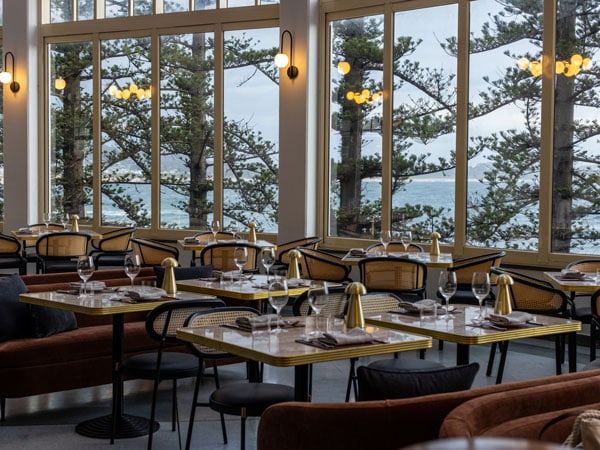 View of Terrigal Beach from inside Meribella restaurant at Crowne Plaza