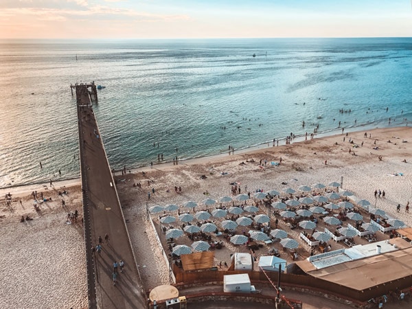 Aerial shot of the Moseley Beach Club at sunset, Glenelg Beach