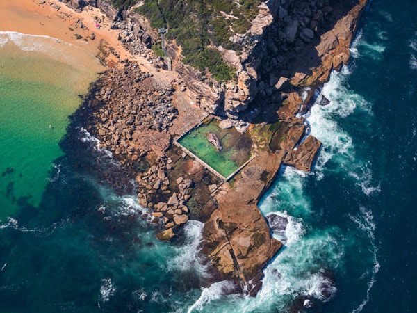 an aerial view of North Curl Curl Rockpool in Sydney