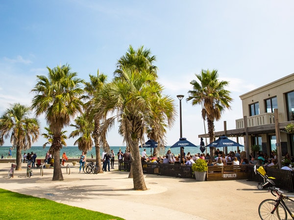 al fresco dining with palm trees at St Kilda Beach, Melbourne, VIC