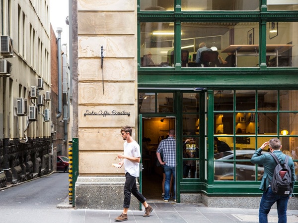 the entrance of Dukes Coffee Roasters, Melbourne CBD