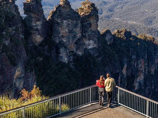 an aerial view of the Three Sisters from Echo Point Lookout in the Blue Mountains