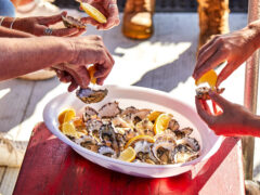 Patrons enjoying oysters onboard Captain Sponge’s Magical Oyster Tour