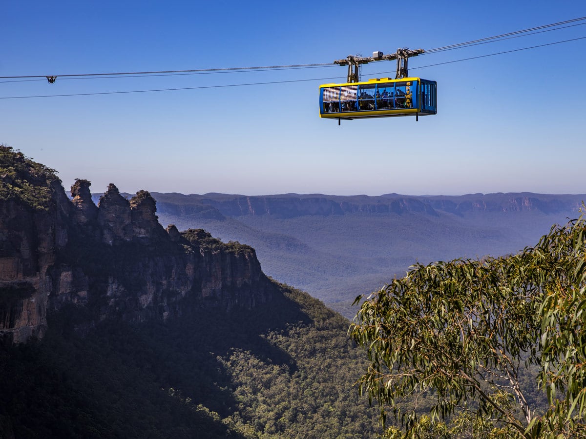the Scenic Skyway cabin at Scenic World Katoomba passing over the Jamison Valley in the Blue Mountains