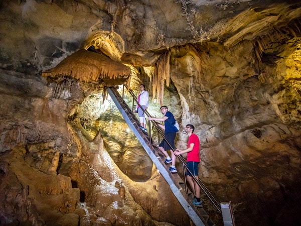 guests climbing up the River Cave system atJenolan Caves in the Blue Mountains