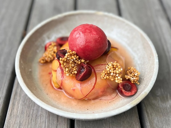 a plate of Pistachio Cranberry Bircher at ONA Coffee, Brunswick