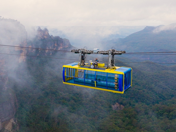 a cable car soaring above sandstone ridges and Eucalyptus forests