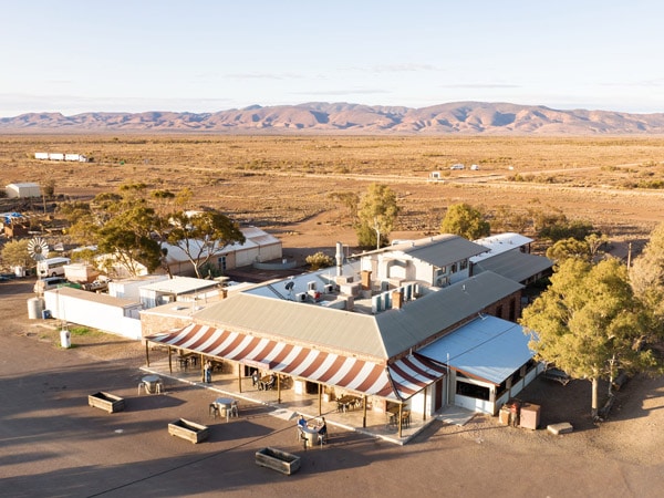 an aerial view of Prairie Hotel in outback SA