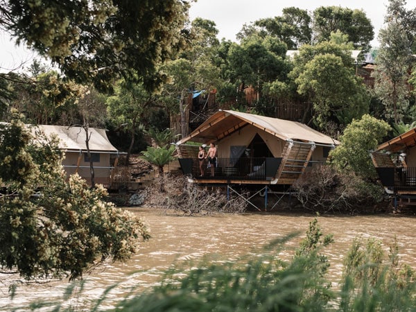 glamping tents by the river at Metung Hot Springs