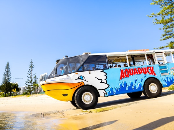 the Aquaduck Sunshine Coast hybrid vehicle on the beach