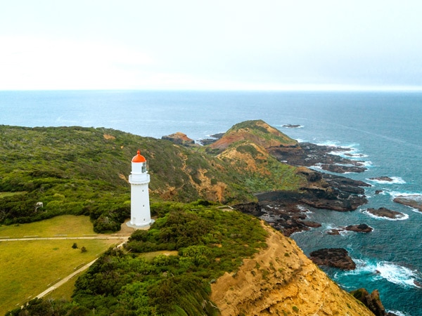 an aerial view of the Cape Schanck Lighthouse