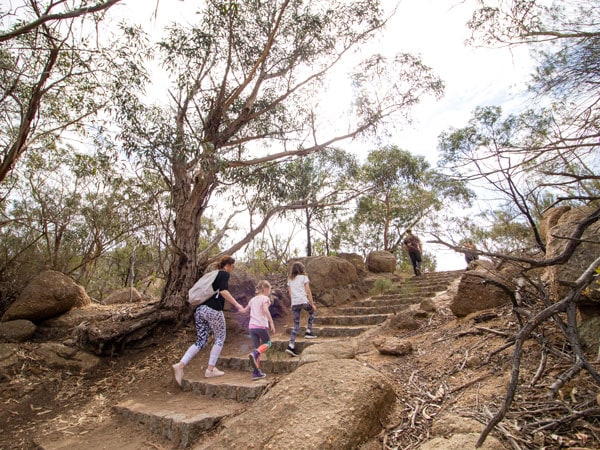 an adult guiding children while hiking up You Yangs Regional Park, Flinders Peak Walk