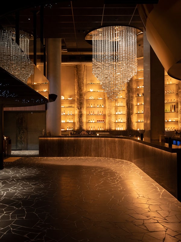 an elegant dining interior with flashing chandeliers at Yugen Dining, South Yarra